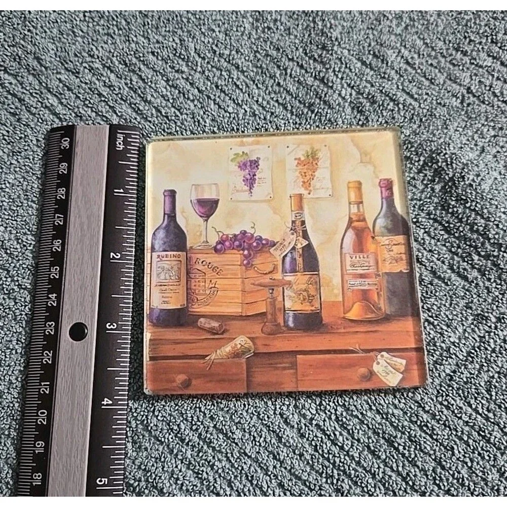 Set of 4Coasters Wine Bottles and Glass Grapes Themed Glass Back 4” X 4” Square